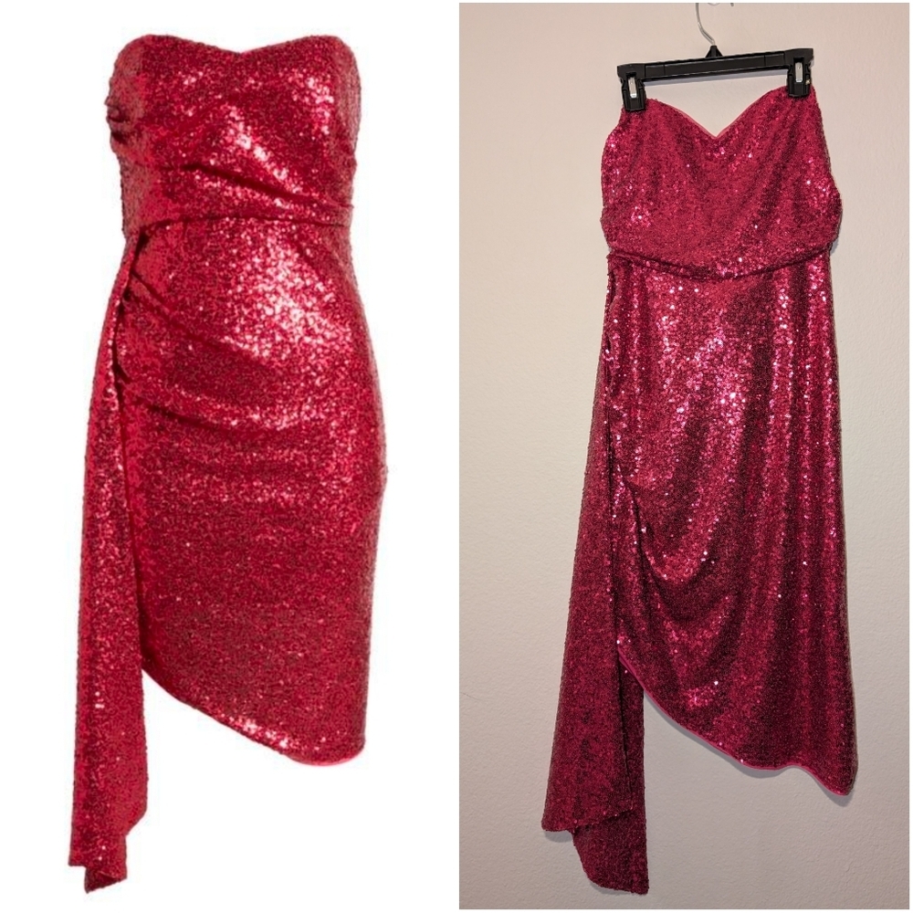 Jewel Badgley Mischia Strapless Asymmetrical Sequined Dress with Drape Size 8